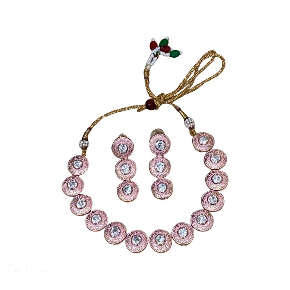 New Indian Pink Polki Kundan Diamond Meenakari Gold Enamel Necklace